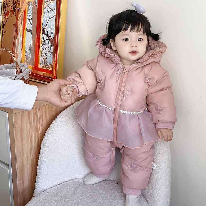クロール服 女の子 ベビー 冬 厚手 綿入 メッシュ 長袖 フード ジッパー ナイロン ロング 外出 スイート プリンセス風 かわいい おしゃれ 韓国 ベージュ ピンク
