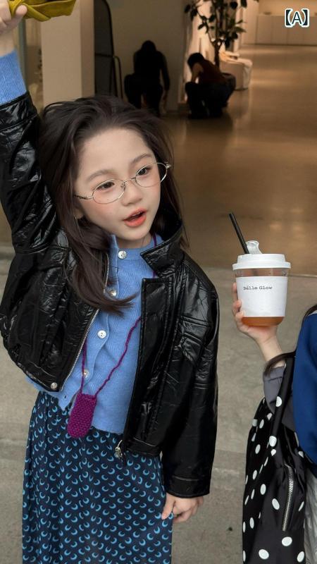 キッズ ジャケット 女の子 短め PUレザー コート アウター 長袖 ジッパー クルーネック 純色 ネイビー 欧米風 カジュアル トレンド おしゃれ 柔らかい 春秋