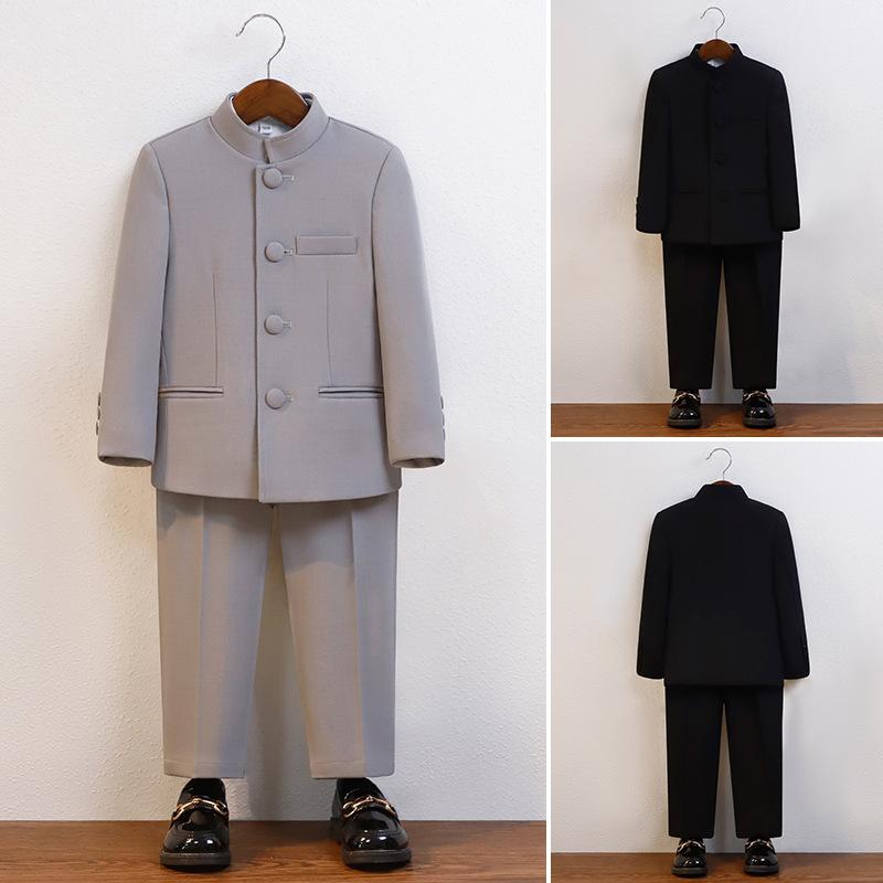 男の子 中山装 中式 礼服 セット 立襟スーツ 唐装 学生服風 長袖 長ズボン ポリエステル 柔らかい 純色 グレー 黒 春夏秋 発表会 合唱 講演 パフォーマンス 学校行事 普段使い