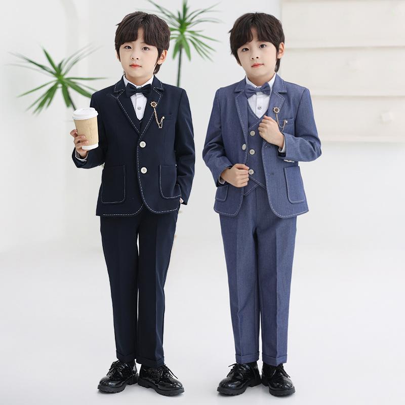 スーツ 男の子 秋 セット 韓国 英国風 フォーマル ジャケット ベスト 長ズボン 領結 ブローチ 青 紺 ポリエステル 混紡 柔軟 長袖 単排扣 純色 中小童 3歳から8歳 パフォーマンス セレモニー 普段使い