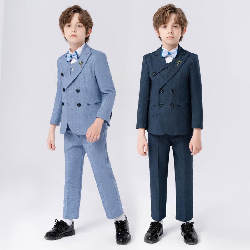 スーツ 男の子 礼服セット 韓版 無地 長袖長パンツ ダブルブレスト ポリエステル混紡 柔軟 ライトブルー ネイビー ベスト 領結 ブローチ ピアノ発表会 司会 演出 結婚式 春秋冬