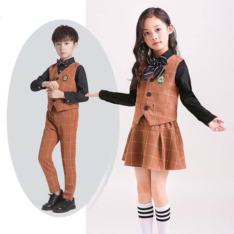 キッズ 制服 男の子 学院風 ベスト セット 長袖 長ズボン チェック柄 ブルー カーキ ポリエステル混紡 柔らかい素材 韓国 春夏秋