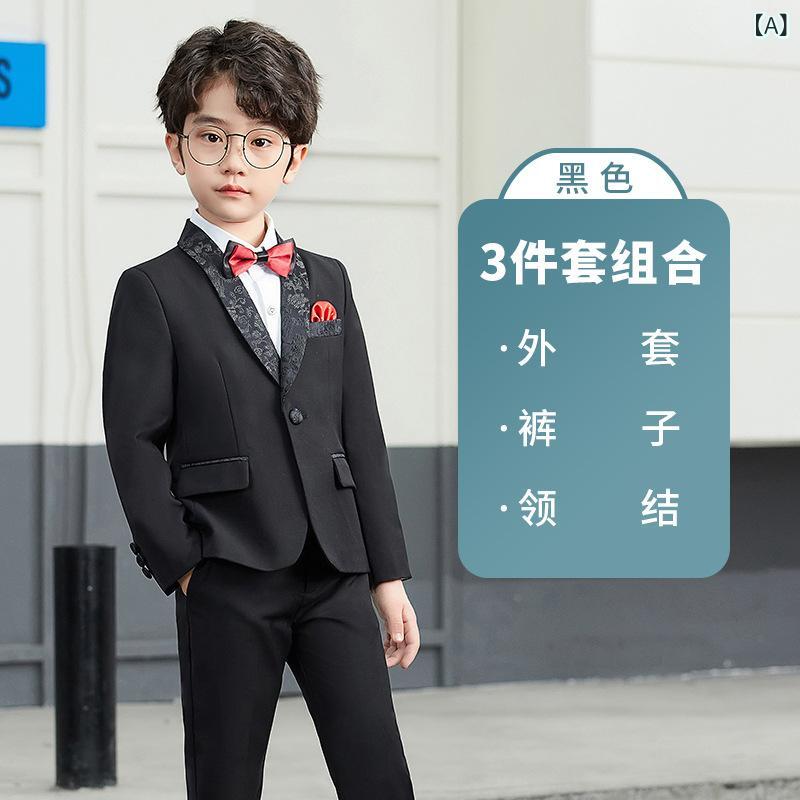 スーツ 男の子 セット 春秋 ブリティッシュ スタイル 結婚式 フラワーボーイ ホスト 礼服 パフォーマンス 長袖 長ズボン ポリエステル混紡 柔らかい 素材 普通厚 無地 黒 白