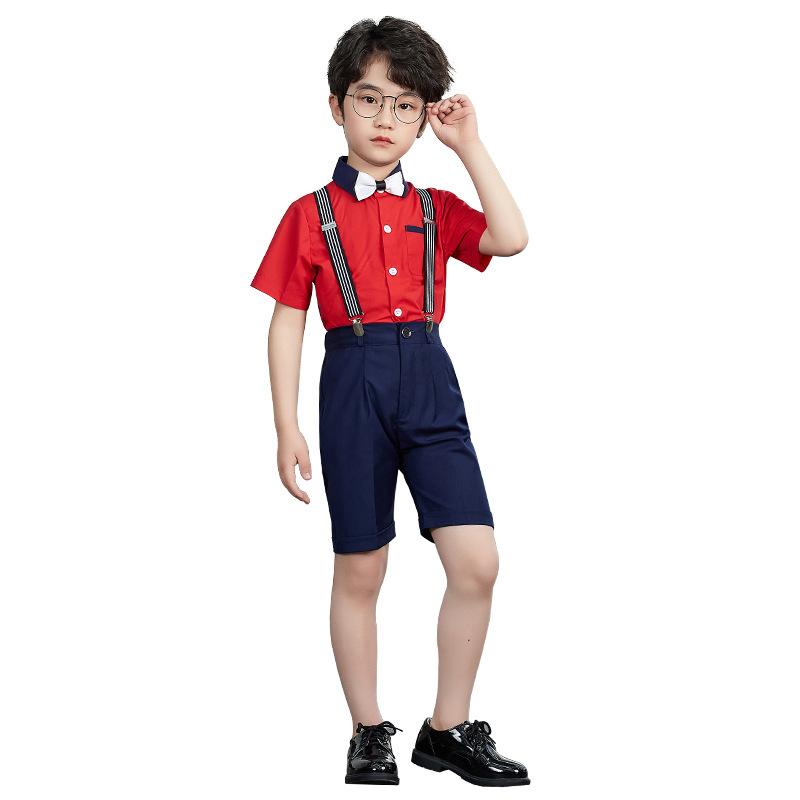 公演服 男の子 セット 春夏 無地 半袖 シャツ 短パンツ サスペンダー 英国風 柔らかい 素材 薄手 ポリエステル 混紡 白 青 黒 合唱 司会 演出 おしゃれ ステージ 子供