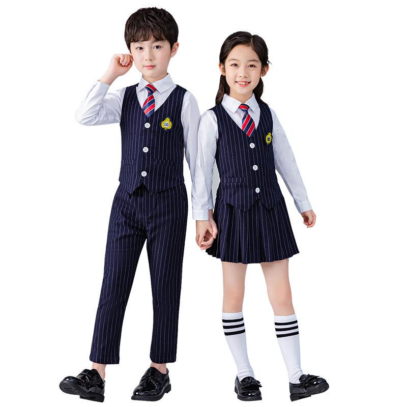 キッズ 西装 セット 男の子 女の子 春秋 ストライプ パターン 長袖 長ズボン 柔らかい ポリエステル 混紡 フォーマル 学校用 小学生 礼服 クラス服 韓国 シングルブレスト ソフト 処理 普通 厚さ 3 から 8 歳 制服 スタイル
