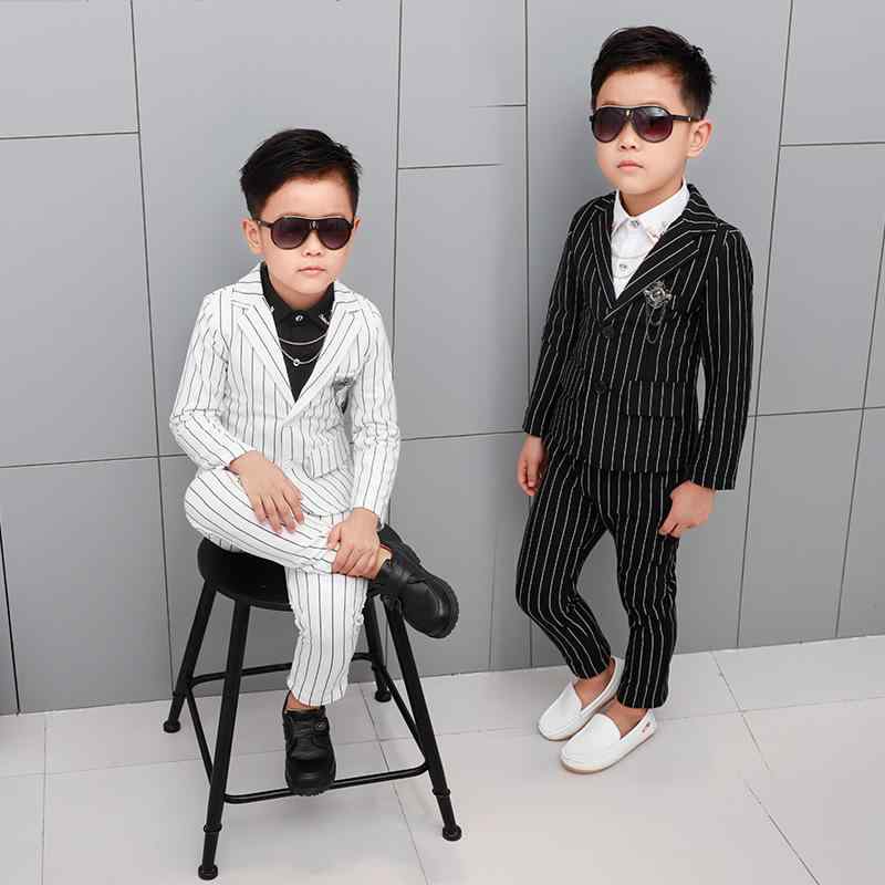 スーツ 男の子 ストライプ柄 長袖 ジャケット 長ズボン セット 韓国 春秋 綿麻混紡 柔らかい 酵素洗い 普通厚 シングルボタン 白 黒 かわいい フォーマル