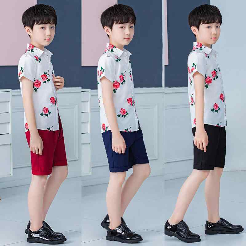 王子スーツ 男の子 半袖 花柄 シャツ 短パン セット 子供服 綿混紡素材 薄手 柔軟 酵素洗い 英国風 春夏秋 幼稚園 パフォーマンス おしゃれ 普段使い