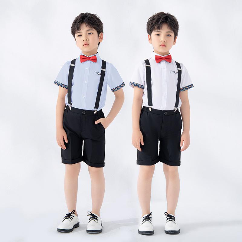 礼服 男の子 春夏 半袖 サスペンダー ショートパンツ セット 子供 ステージ 衣装 司会 合唱 演劇 撮影 柔らかい 酵素洗い ポリエステル 無地 青 白 トレンド 欧米風