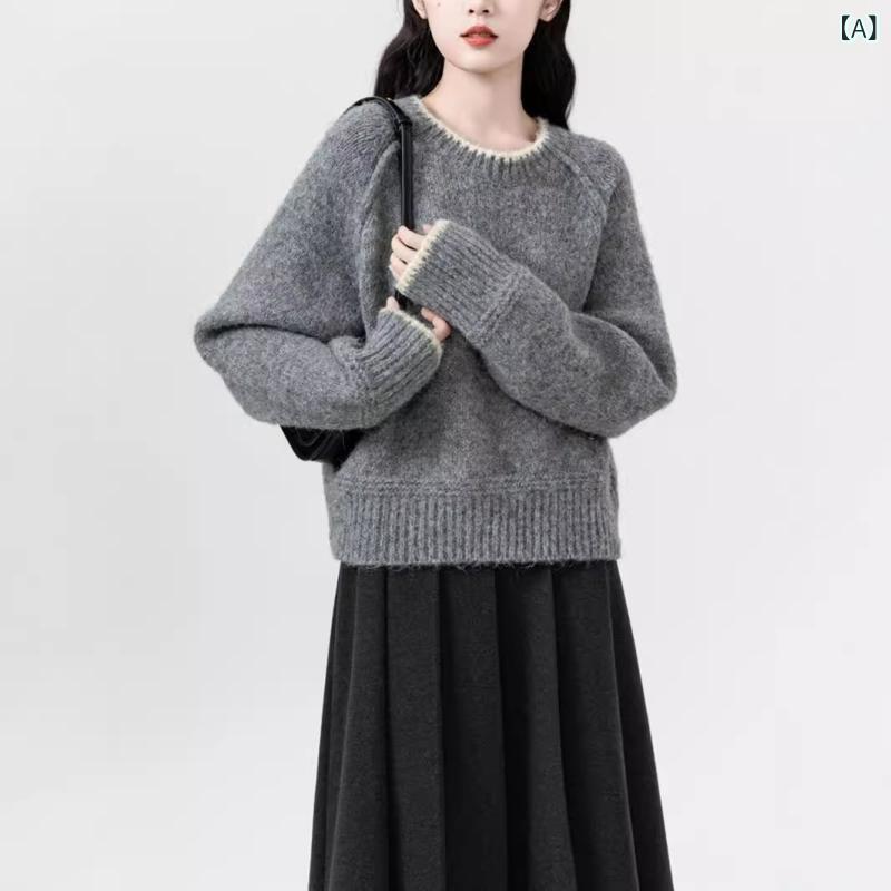 ニット トップス レディース ラウンドネック 長袖 切り替え コントラストカラー セーター 秋冬 アクリル素材 柔らかい ミドル丈 グレー 杏 ピンク かわいい 甘め 爽やか 普段使い