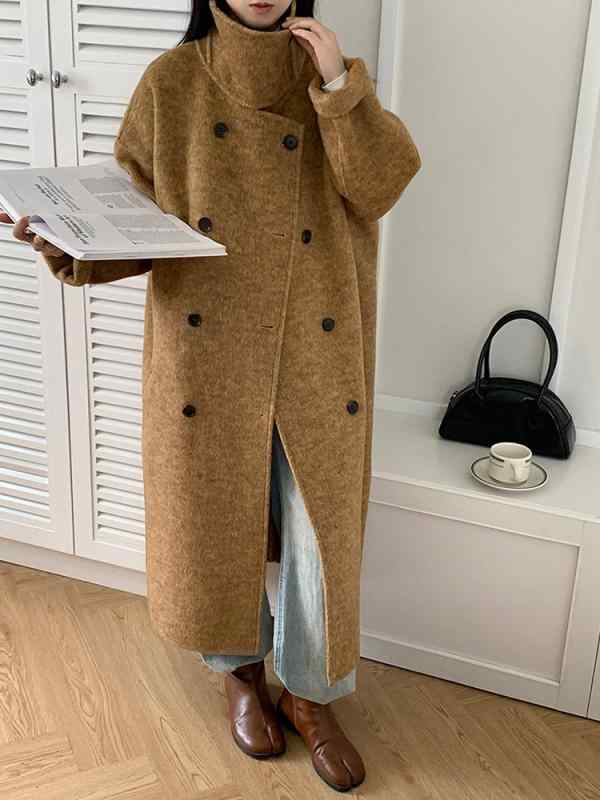 ウールコート レディース 秋冬 長毛 ダブルフェイス 立領 ロング丈 ゆったり 高級感 ダブルブレスト 長袖 ウール 中厚 韓国 カジュアル ポケット 純色 ベージュ グレー ブラック