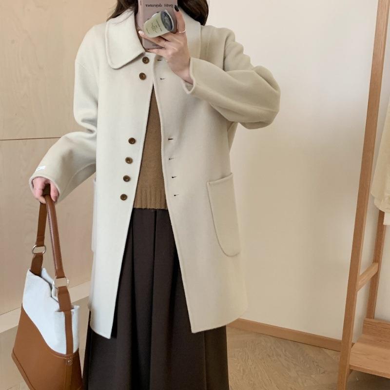ウールコート レディース ストレート 両面 ウール 超厚手 ゆったり ミドル丈 ベビー領 長袖 シングルブレスト ポケット カジュアル 冬 ベージュ ピンク ブラック｜おうち健康生活