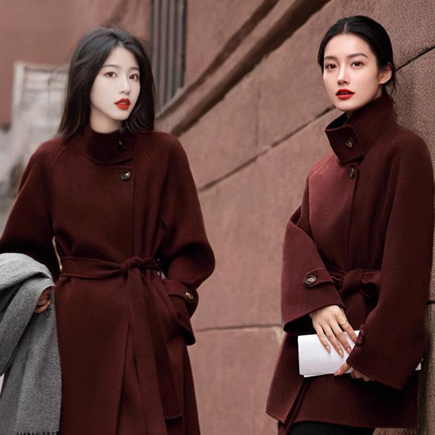 アウター レディース ウール ロングコート スタンドカラー ダブルフェイス 冬 通勤 おしゃれ ストレート シルエット 切り替え ドローストリング 赤 中厚 長袖 高級感