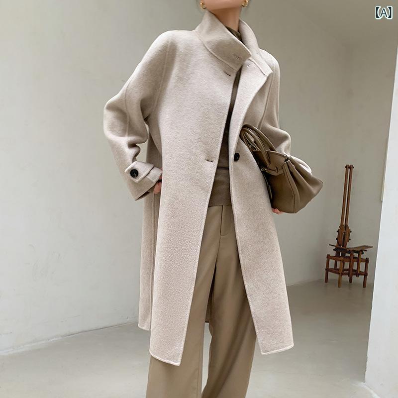 コート レディース ウール ダブルフェイス スタンドカラー ロング丈 ゆったりシルエット シングルブレスト ポケット ノーアイロン加工 秋冬 通勤 オートミール キャメル ブラック