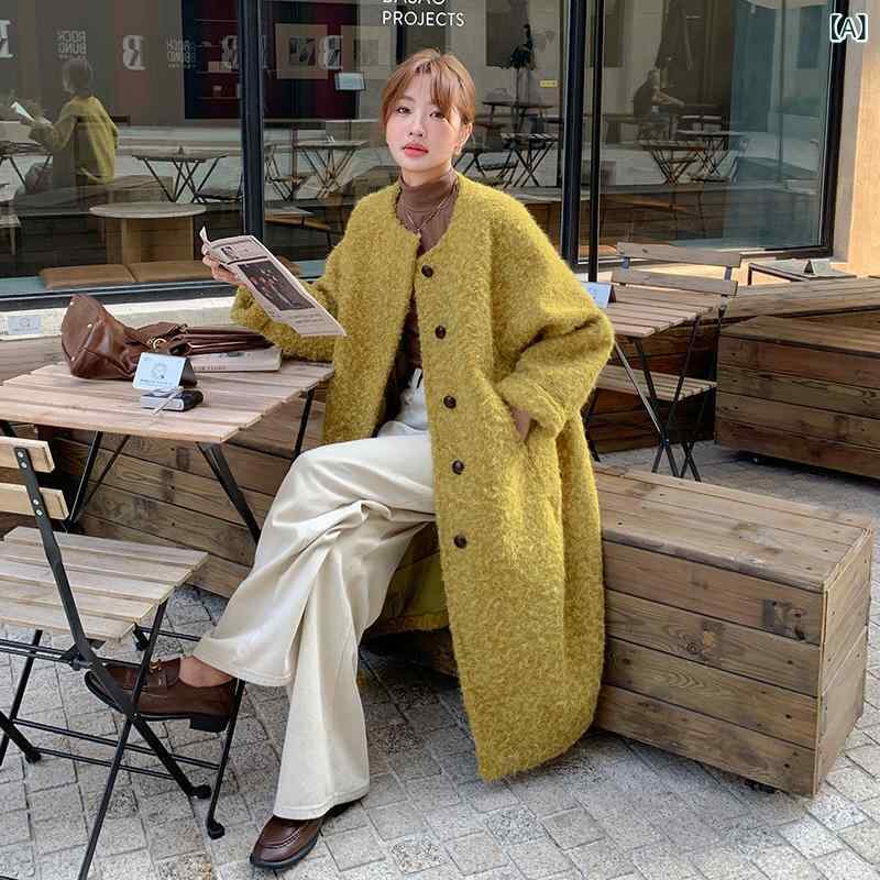 コート 女性 秋冬 イエロー 中長丈 ウール調 ロングコート ルーズフィット 丸首 長袖 シングルブレスト ポリエステル 単色 通勤 シティスタイル スタイリッシュ｜おうち健康生活