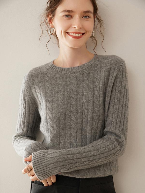 ニットセーター レディース 丸首 ケーブル編み 厚手 長袖 プルオーバー ゆったり シンプル カジュアル 通勤 無地 中厚 リブ イージーケア 秋冬 キャメル グリーン グレー｜おうち健康生活