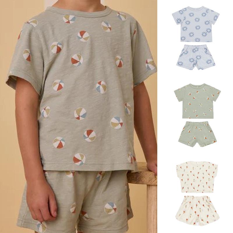 Tシャツ ショーツ セット 男の子 女の子 ベビー 夏用 半袖 かわいい プリント カジュアル 普段使い 綿 薄手 柔らかい 北欧風 カートゥーン調 パターン 青 緑 ベージュ