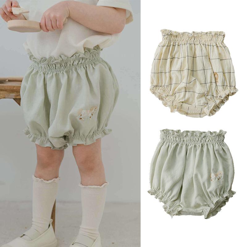 灯籠パンツ ベビー 男の子 女の子 かわいい 手刺繍 つぼみ 快適 綿 UVカット 夏 プリーツ 条紋 純色 ローライズ ゴム腰 欧米スタイル ミントグリーン クリームチェック
