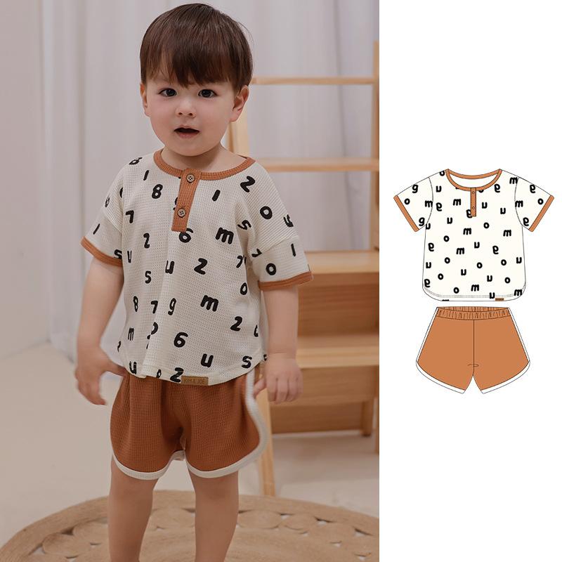 子供 男の子 女の子 夏 半袖 トップス ワッフル柄 プリント ショートパンツ セット 再生繊維 薄手 ベーシック 普段使い 杏 ブラウン
