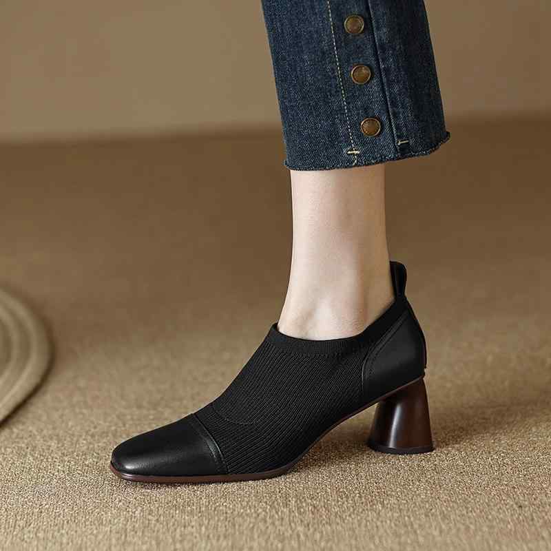 パンプス レディース スクエアトゥ ブロックヒール チャンキー ミドルヒール 羊革 ニット 切り替え レトロ ビンテージ ステッチ 無地 ブラック ベージュ 普段使い スリッポン ローカット|おうち健康生活