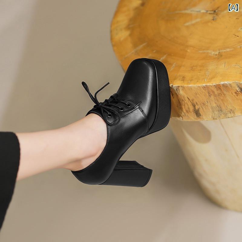パンプス レディース ブリティッシュ レトロ クロス ストラップ チャンキー ヒール スクエア トゥ ミドル カット 本革 黒 プラットフォーム ラバー ソール 豚革 ライニング 普段使い オールシーズン