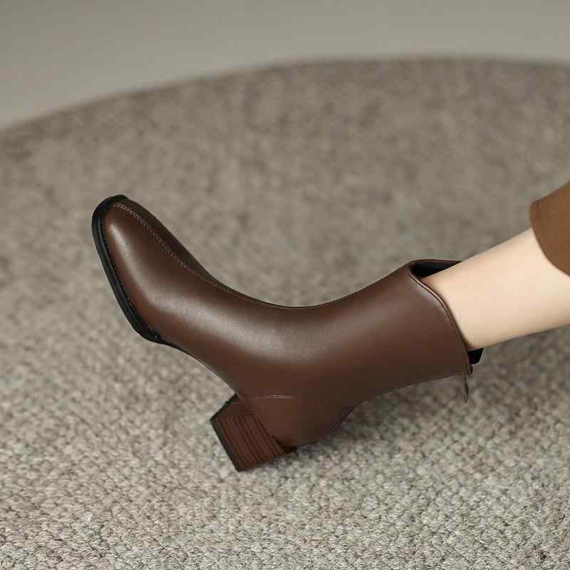 ブーツ レディース アンクル スクエアトゥ チャンキーヒール ミドルヒール PUレザー ラバーソール シンプル 純色 後ろジッパー 低筒 オールシーズン 車縫線 防水台 人造毛インソール 短ふわふわ内里 黒 茶画像