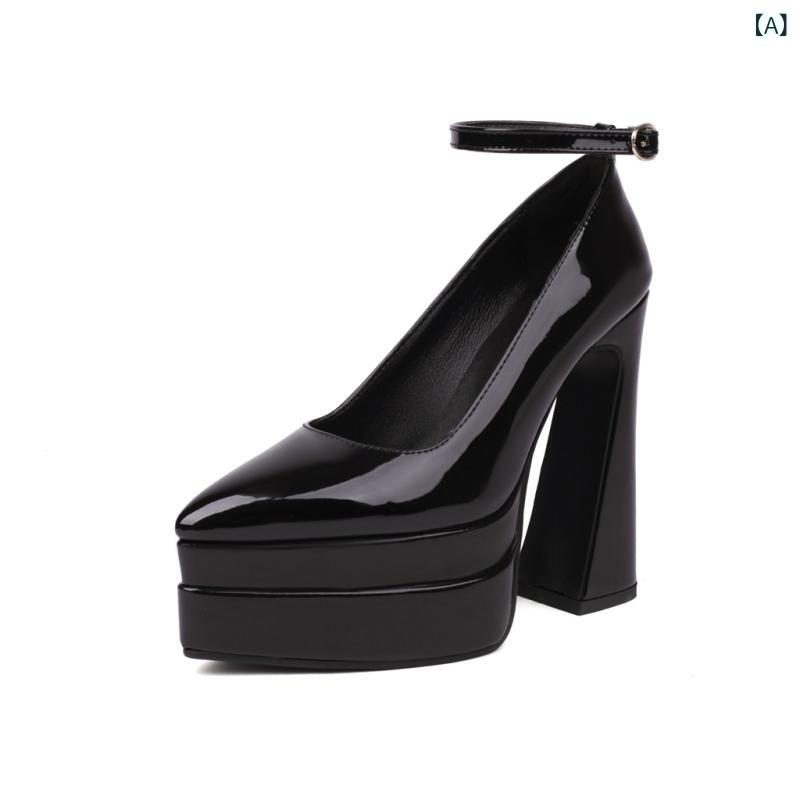 パンプス レディース 厚底ヒール ポインテッドトゥ ストラップ ロートップ パテントレザー バックル プラットフォーム ゴムソール 合成内張り 普段使い オールシーズン 黒 白 ピンク