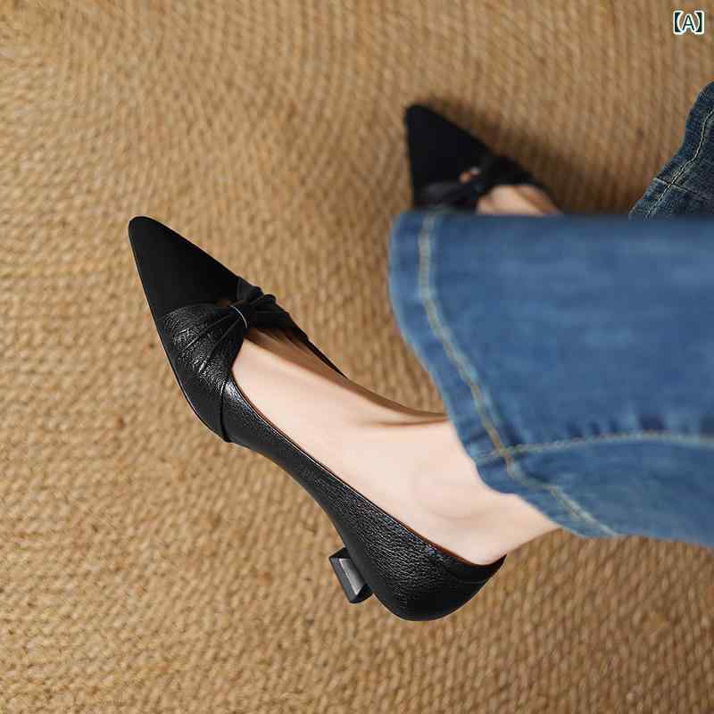 パンプス レディース ローヒール ポインテッドトゥ 浅口 スリッポン 蝶結び 羊皮 レザー ツートンカラー 黒 杏色 韓国 シンプル スタイリッシュ 普段使い オールシーズン かわいい おしゃれ|おうち健康生活