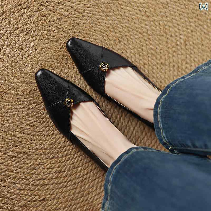 パンプス レディース 羊革 スクエアトゥ 置き目踵 スリッポン カメリア お花 金属元素 かざり付ける ソリッドカラー オール季節 普段使い走り 黒 赤銅色 愛くるしい 表現スタイル メンズ靴-その他