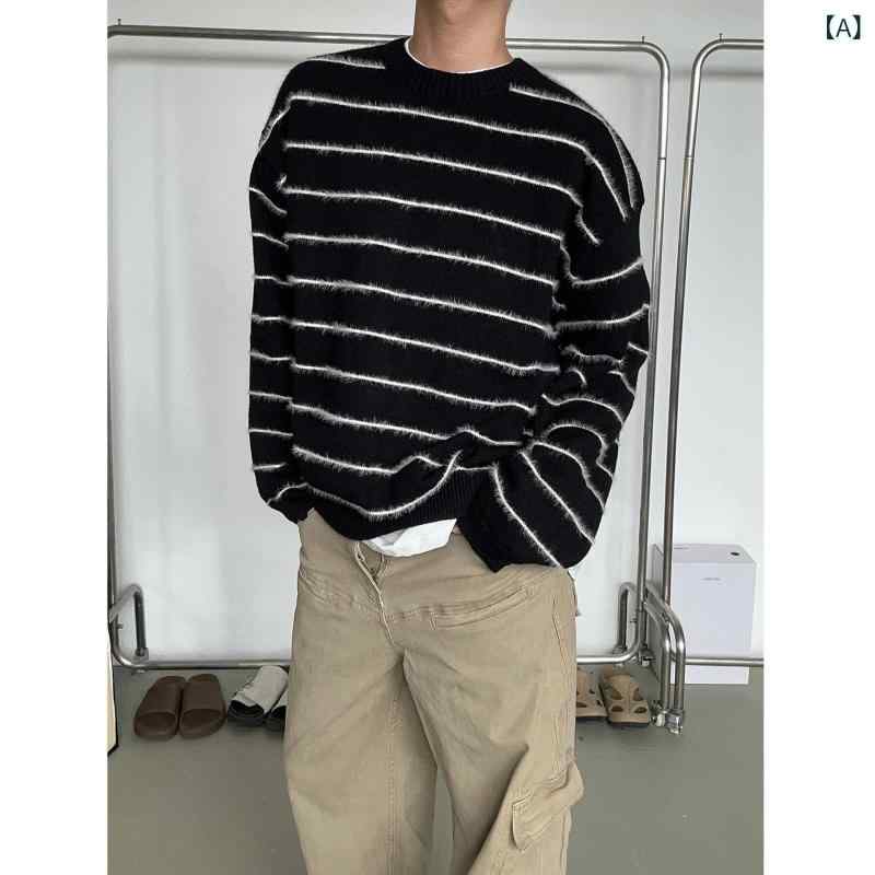 セーター メンズ 秋冬 レトロ 黒白 ストライプ 丸首 ルーズ 長袖 ニット カジュアル ゆったり 普段使い コットン混紡 ポリエステル ノンアイロン おしゃれ アイテム