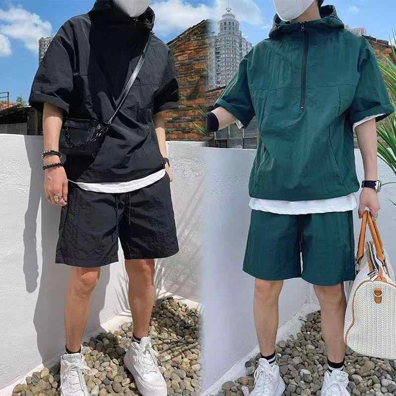 スポーツセット メンズ ヤング キャンパス Tシャツ トップス ハーフパンツ ショーツ 半袖 ゆったり ルーズ シンプル ベーシック 夏 普段使い 通学 レジャー 高級感 コットン ポリエステル 混紡 青 カーキ 黒