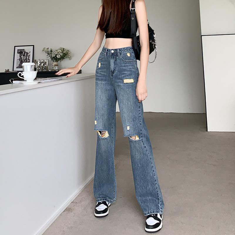 デニムパンツ レディース ダメージ加工 ハイウエスト ドレープ感 ワイドレッグ ルーズフィット ストレート 性 フロア丈ロング 夏 ブルー カジュアルスタイル ポリエステル素材 ウォッシュ加工 ノーアイロン