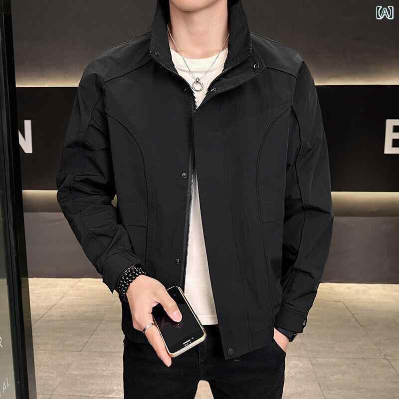 ジャケット メンズ ワーク スタンドカラー ルーズフィット シングルブレスト 無地 春 ポリエステル 混紡 耐摩耗 ノーアイロン ジッパーポケット 長袖 ラグランスリーブ ストレートヘム アウター 黒 カーキ ブラウン カジュアル 普段使い 50代 大人向け
