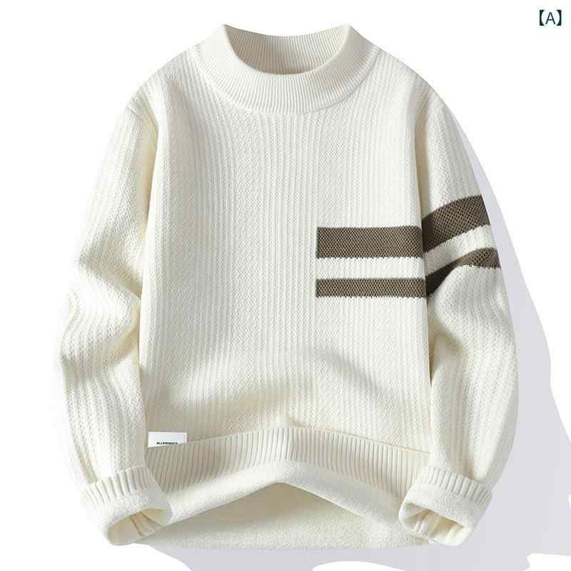 ニットセーター メンズ 秋冬 長袖 ルーズフィット クルーネック 厚手フリース 通気性 伸縮性 合成繊維混紡 ツートンカラー 韓国スタイル ブリティッシュ風 カジュアル 普段使い 白 黒 ブラウン
