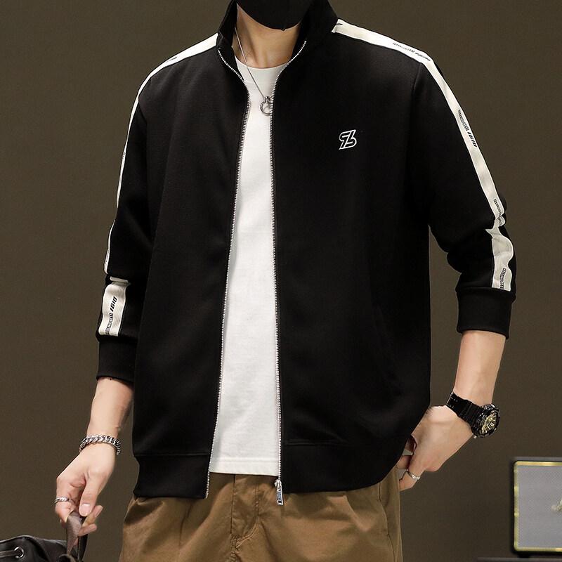 ジャケット メンズ 青年 開襟 スウェット 長袖 春 韓国 ルーズフィット ジップアップ スタンドカラー ラグランスリーブ コットン混紡 ポリエステル 耐摩耗 イージーケア ツートンカラー ジップポケット アウター 普段使い 黒 緑 アーモンド