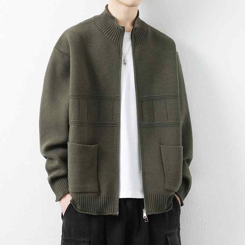 ジャケット メンズ スタンドカラー ニット 開襟 ルーズフィット カジュアル 長袖 春秋 高級感 ポリエステル 混紡 アウター 黒 グレー ベージュ 耐久性 イージーケア ジップポケット ラグランスリーブ ストレートヘム