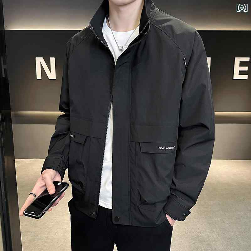 ジャケット メンズ 秋冬 スタンドカラー ルーズ 綿入れ 長袖 カジュアル アウター 単色 普段使い ポリエステル混紡 耐久性 ジップアップ ポケット 黒 軍緑 ベージュ