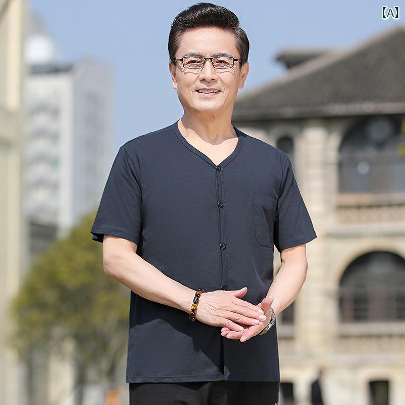 Tシャツ メンズ シニア 半袖 Vネック ゆったり シルエット 夏 普段使い 綿 通気性 薄手 無地 カジュアル ネイビー ライトグレー ダークグレー