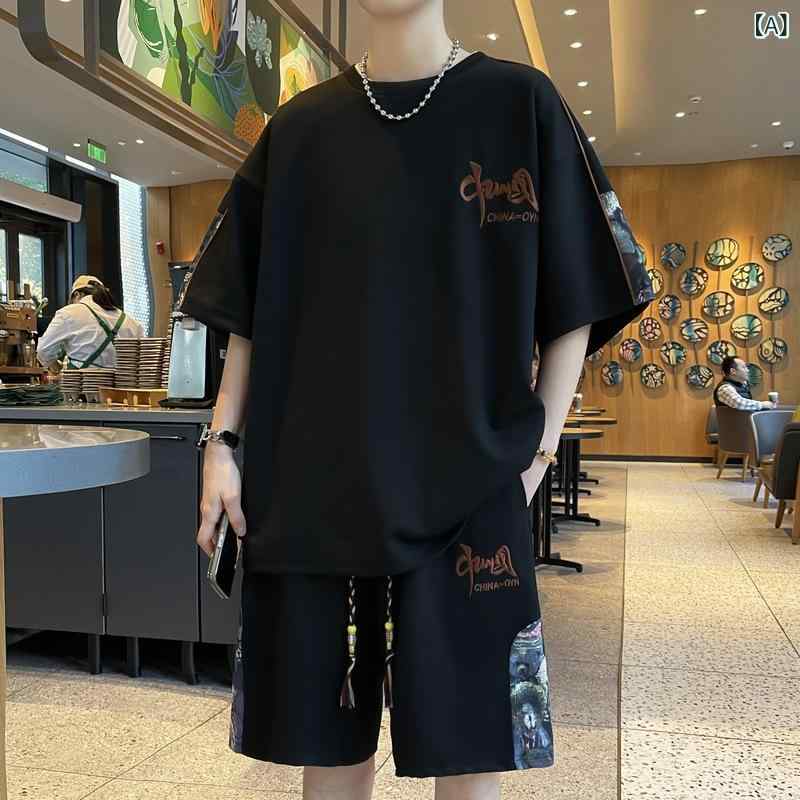 Tシャツ ショーツ セット メンズ 刺繍 スポーツ カジュアル 夏 半袖 ルーズ ストリート スタイル ポリエステル 薄手 普段使い 黒 オフホワイト