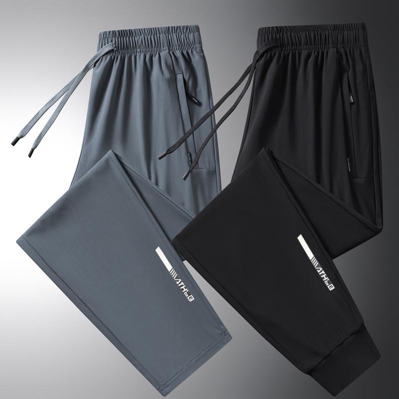 ズボン メンズ 夏 薄手 接触冷感 速乾 スポーツ レジャー ロング ストレート テーパード ドローストリング 高伸縮 通気性 吸湿速乾 ナイロン 黒 グレー