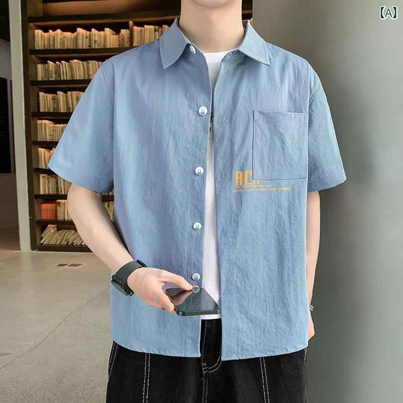 シャツ メンズ 半袖 ゆったり 開襟 プリント 薄手 通気性 ポリエステル 夏 普段使い カジュアル グレー 白 黒 ポケット 韓国 ワークスタイル トップス