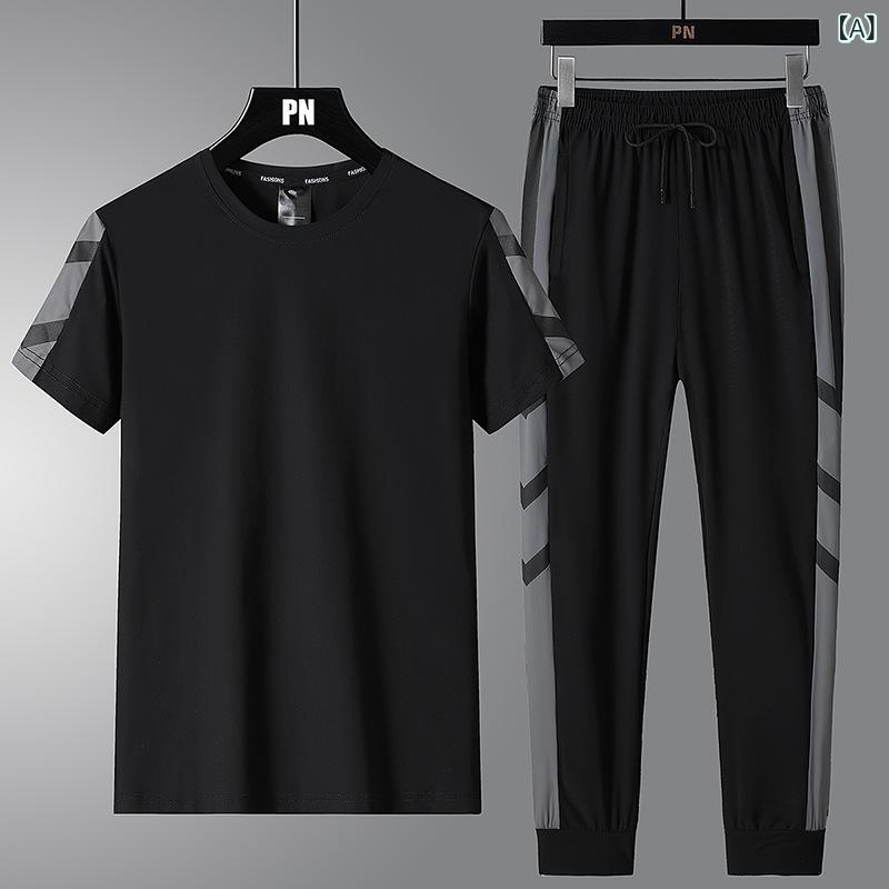 スポーツセット メンズ 夏 半袖 Tシャツ ロングパンツ 接触冷感 ナイロン 切り替え 薄手 カジュアル ランニング ジョギング 普段使い ブラック ホワイト グレー