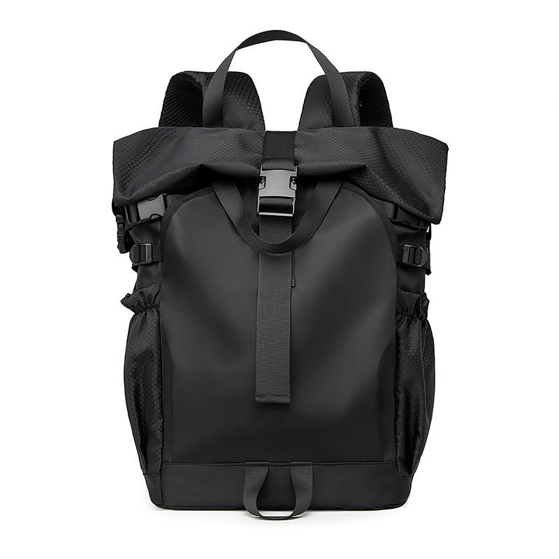 バックパック メンズ カジュアル 旅行 大容量 ロールトップ フラップ 15インチ PC 通気性 オックスフォード布 クッションストラップ 無地 黒 深灰 浅灰 春 普段使い 大学生