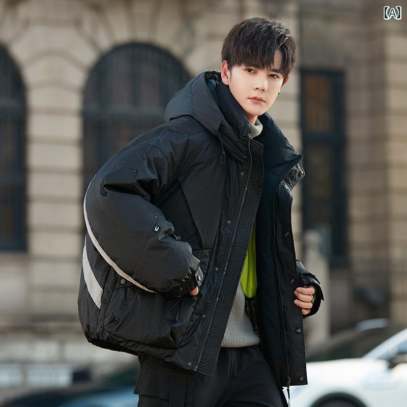 ダウンジャケット メンズ 青少年 フード 厚手 暖か ルーズフィット 韓国 カジュアル 防寒 スキー 防風 ダウン ポリエステル ナイロン 黒 黄 紫 秋冬