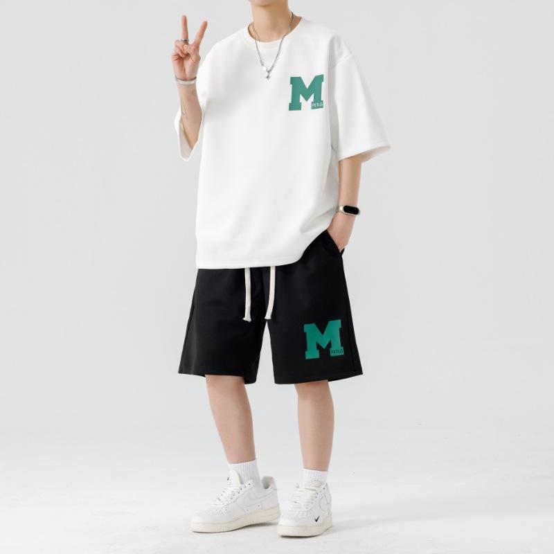 メンズ ティーン 夏 スポーツ Tシャツ ショーツ セット 半袖 薄手 ポリエステル カジュアル ストリート 普段使い レジャー アクティブ スタイリッシュ コーディネート 白 黒 クール