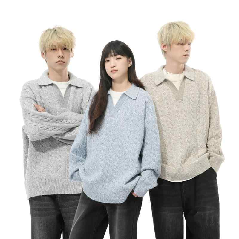 セーター メンズ レディース 秋 韓国 フェイクツーピース Vネック プルオーバー ルーズ 長袖 ニット ポリエステル 再生繊維 青年 普段使い ブルー グレー 杏