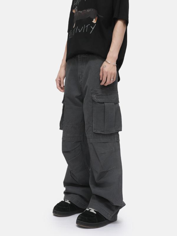 デニムパンツ メンズ ストレート ルーズ マルチポケット コットン ミッドライズ ジップフライ ノンストレッチ 普段使い オールシーズン グレー 黒