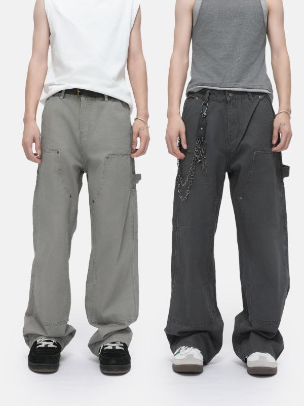 デニムパンツ メンズ ルーズ レトロ リベット ワーク ルンバー 風 ウォッシュ コットン 素材 ミッドライズ ジップ 普段使い カジュアル オールシーズン グレー ライトグレー