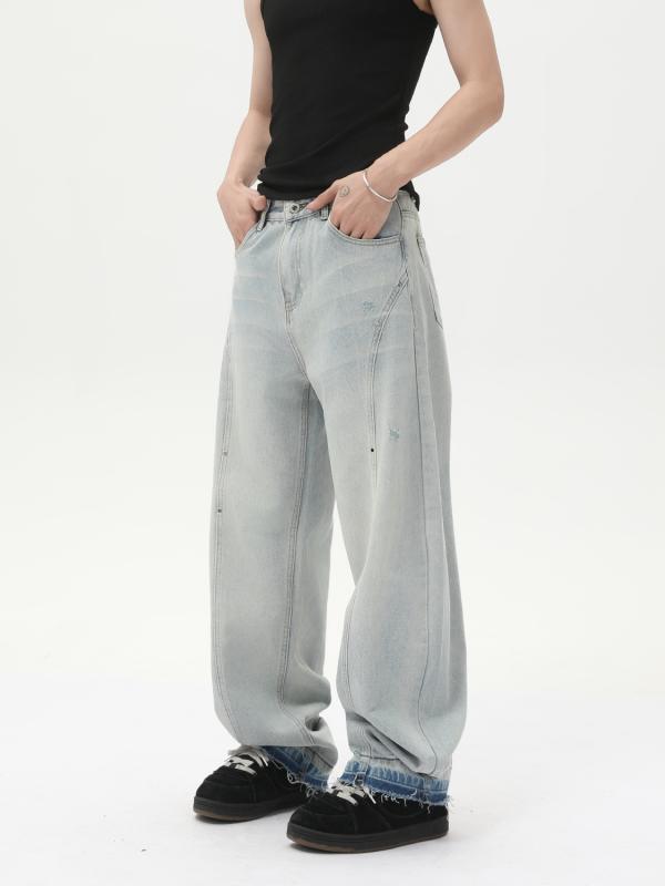 デニムパンツ メンズ ワイドレッグ ルーズ ストレート ライトブルー オールシーズン コットン ポリエステル 再生繊維 ミッドライズ 普段使い スリム効果 トレンド 韓国 青年向け