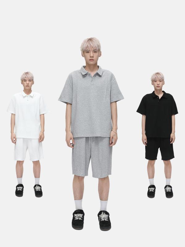 ポロTシャツ メンズ 半袖 ゆったり ショートパンツ セット 夏 無地 韓国 カジュアル スポーツ スタイル おしゃれ シンプル 綿混 ポリエステル 普段使い ストリート レジャー 黒 白 灰
