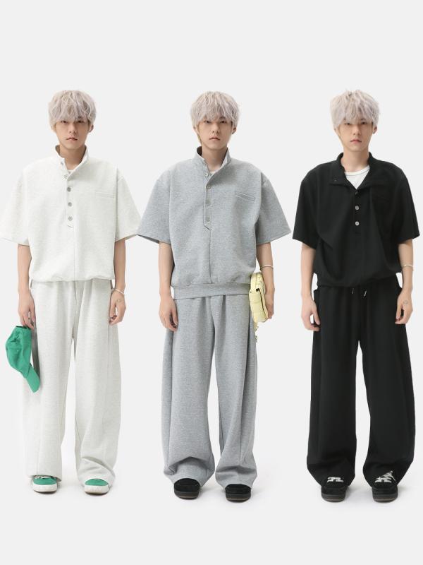 カジュアル セット メンズ 韓国 シンプル スタンドカラー 半袖 Tシャツ ボタン ロングパンツ 無地 綿 スパンデックス ストレッチ 夏 スポーツ 普段使い グレー ベージュ 黒 合わせやすい